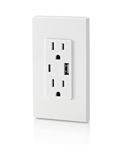 Leviton T5638 18W USB Type-a/C in-Wall Charger with 15A Outlet, USB Charger for Smartphones, White