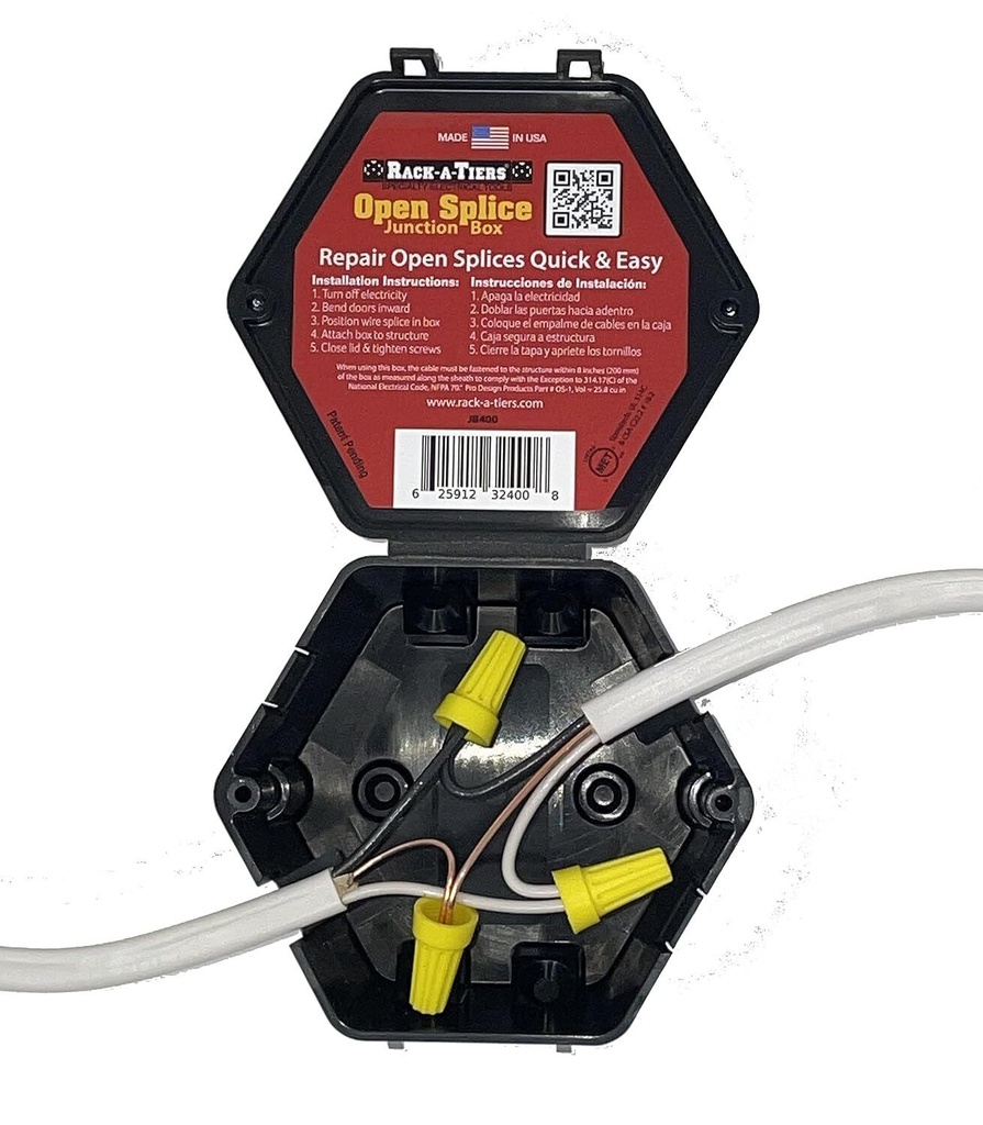 [JB400] Rack-A-Tiers Open Splice Junction Box (Single), One-Piece Repair Box, 5 Second Installation, Electrical Wire Box (JB400)
