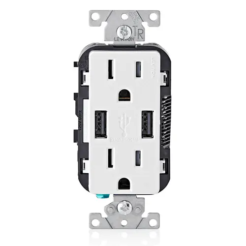 Leviton T56362-W 3.6A USB Type-A/Type-A Wall Outlet Charger with 15A Tamper-Resistant Receptacles White
