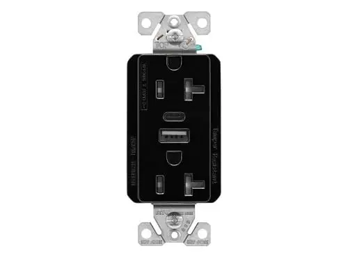 [TRUSBAC20BK] Eaton TRUSBAC20BK USB A&C Duplex 20 Amp Receptacle, Charges USB Type A and/or Type C without adapters, 5 Amp Charging, 20A Receptacle, Tamper Resistant, Black