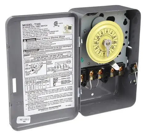 Intermatic T103 24-Hour Mechanical Time Switch, 120 VAC, 60Hz, DPST, Indoor Metal Enclosure, 1 Hour Interval