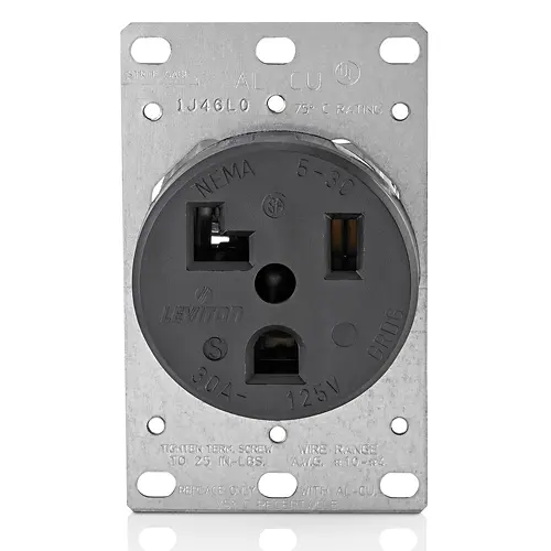 Leviton 30 Amp, 125 Volt, 2P, 3W, Flush Mtg Receptacle, Straight Blade, Industrial Grade, Grounding, Black