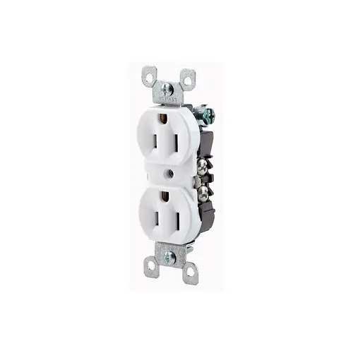 Leviton 15 Amp, 125 Volt, NEMA 5-15R, 2-Pole, 3-Wire, CO/ALR Duplex Receptacle, Straight Blade, Residential Grade, Grounding, Side Wired, Steel Strap, White 12650-W