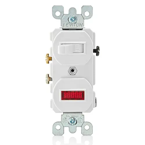 Leviton 15 Amp, 120 Volt, Duplex Style Single-Pole / Neon Pilot AC Combination Switch, Commercial Grade, Non-Grounding, Side Wired , White