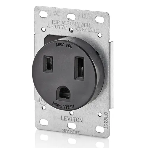 Leviton 50 Amp, 250 Volt, 2P, 3W, Flush Mtg Receptacle, Straight Blade, Industrial Grade, Grounding, Black 5374-S00