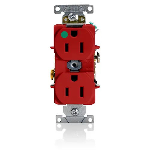 Leviton 8200-HR 15 Amp, 125 Volt, Duplex Receptacle, Heavy Duty Hospital Grade, Straight Blade, Self Grounding, Back and Side Wired, Red