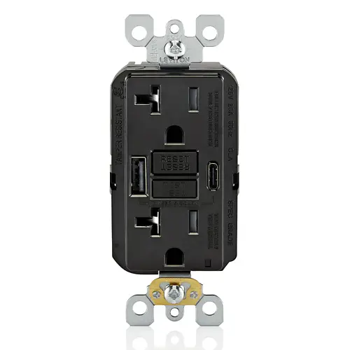 20A SmartlockPro® Self-Test GFCI Combination 24W(4.8A) Type A/C USB In-Wall Charger Outlet – Black