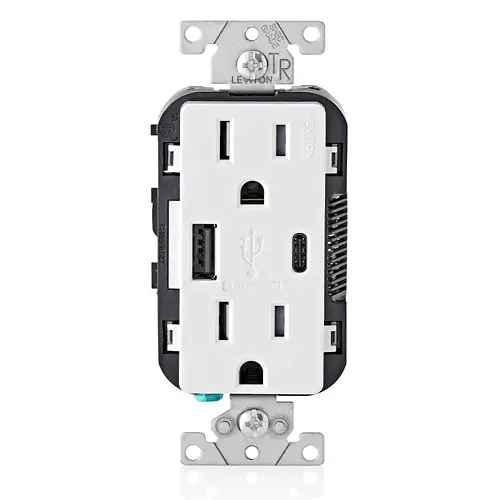 [T5633-W] Leviton 5.1A USB Type A/Type-C Wall Outlet Charger with 15A Tamper-Resistant Outlet