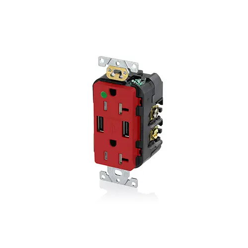 Leviton T5832-HGR Hospital Grade Combination Tamper-Resistant Duplex Decora Receptacle and Dual-Port USB Charger Nema 5-20R 20A-125V 2 Pole / 3-Wire Grounding Receptacle - Red