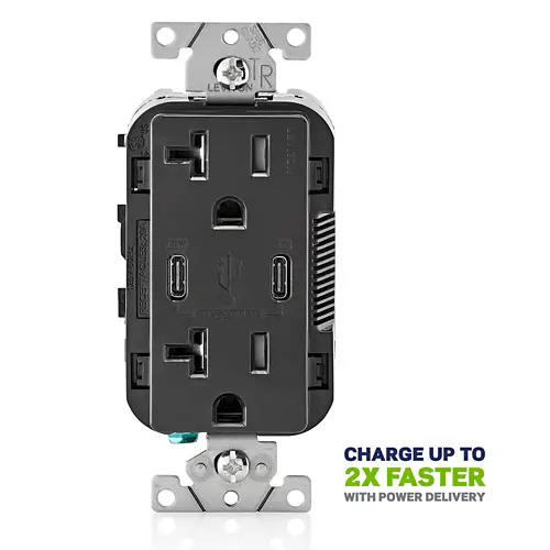 Leviton 30W (6A) USB Dual Type-C/C Power Delivery Wall Outlet Charger with 20A Tamper-Resistant Outlet