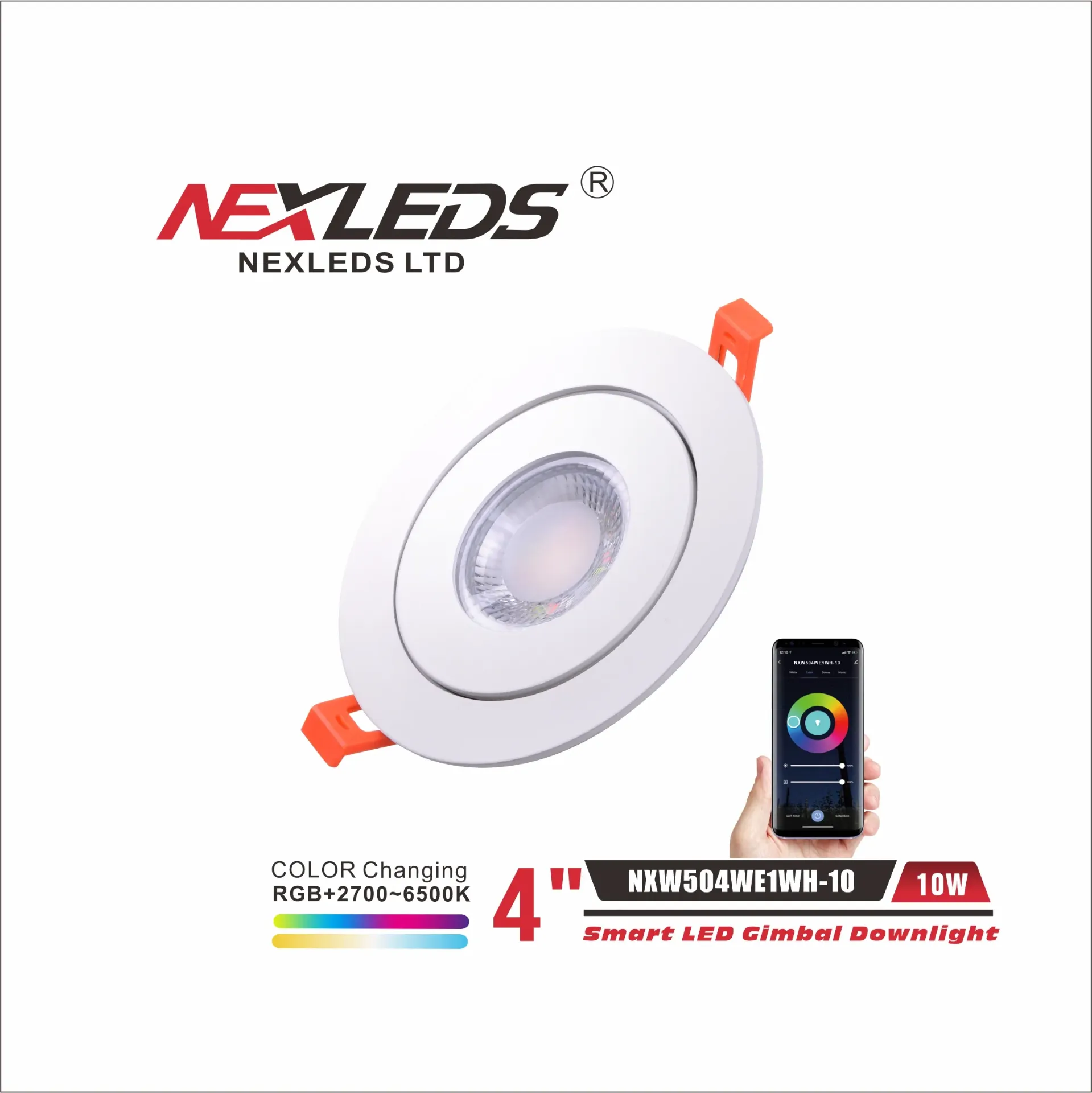 Nexleds NXW504WE1WH-10, 4" Smart LED Gimbal Downlight, 120VAC, 10W, 92mA, 800 Lumens, RGB+2700K-6500K, White, Dimmable
