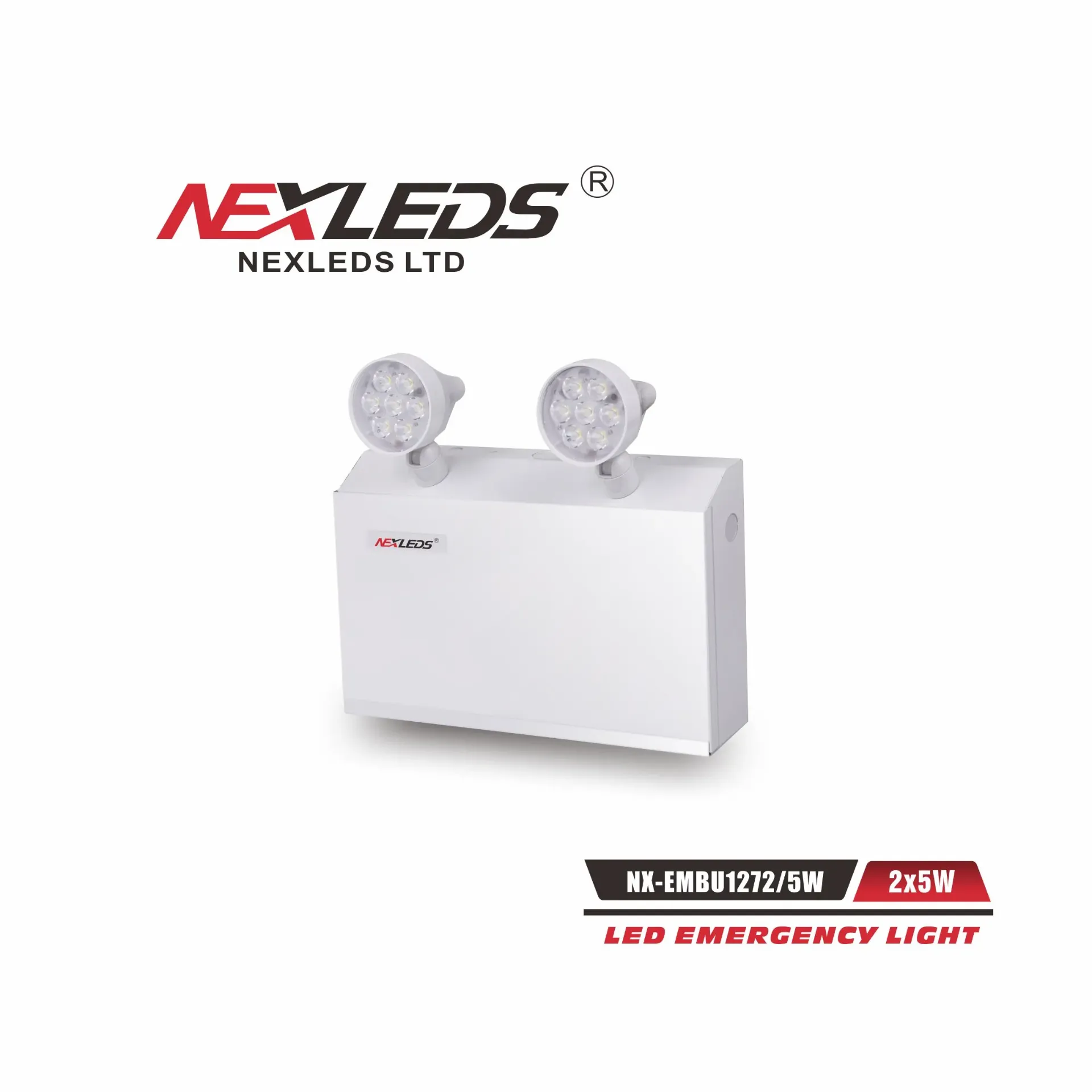 Nexleds NX-EMBU1272/5W, LED Emergency Light, 120-347VAC, 2×5W, 6500K, 469 Lumens, White, Lead Acid Battery 12V 7AH