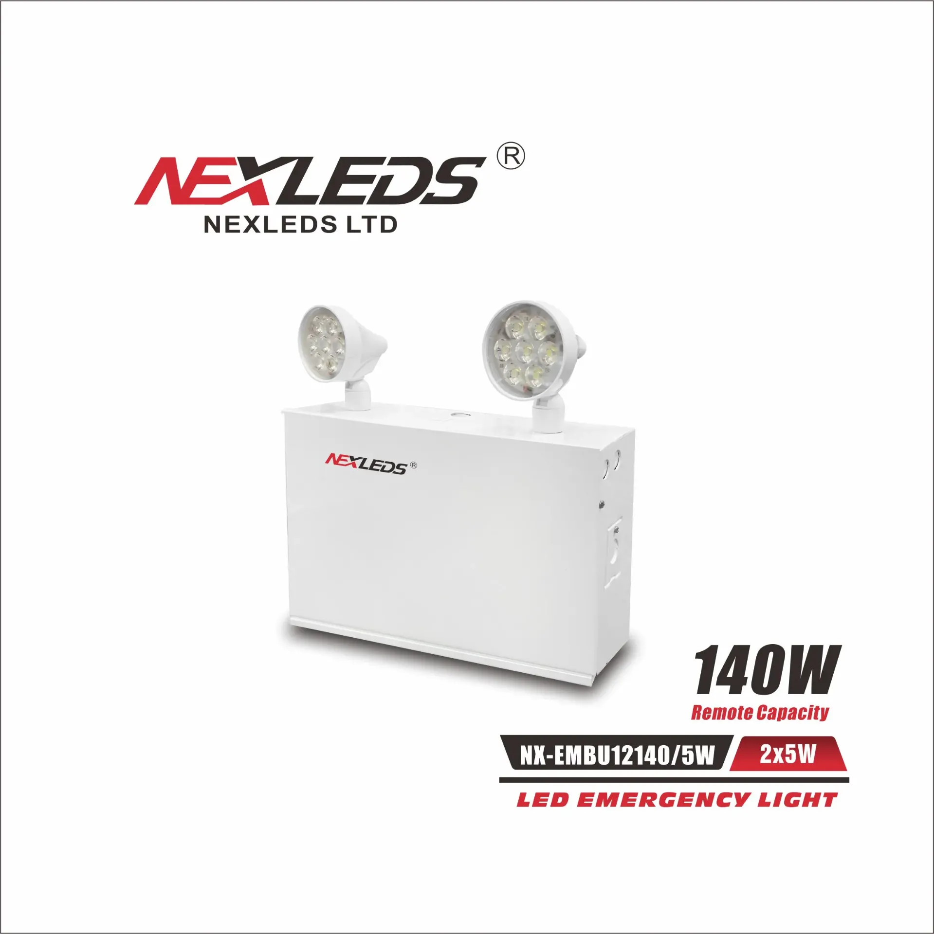 Nexleds NX-EMBU12140-5, LED Emergency Light, 120/347VAC, 2X5W, 6500K, 780 Lumens, White, Lead Acid Battery 12V 12AH