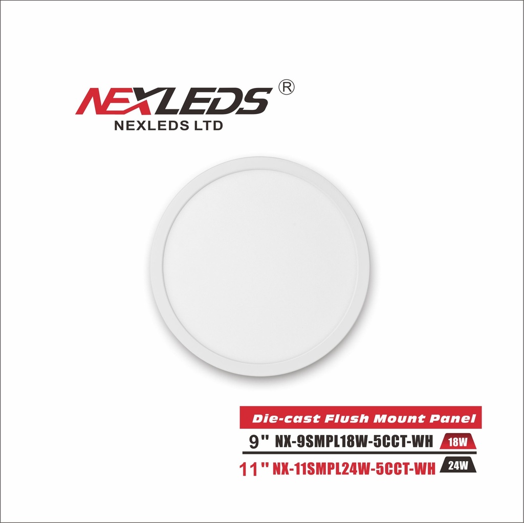 [NX-9SMPL18W-5CCT-WH] Nexleds 9" Die-Cast Flush Mount Panel [CRI90] - 18W, 5CCT (NX-9SMPL18W-5CCT-WH)
