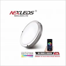 [NX-FMDR12-RGBCW] Nexleds 12 inch LED Smart Slim Flush Mount - 15W - 120VAC - 1200lm - RGB+5CCT Adjustable - Brushed Nickel Ceiling Mount