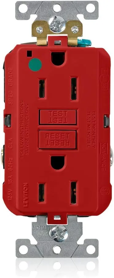 [GFNT1-HGR] LEVITON GFNT1-HGR Smart-Lock Pro Self-Test, Slim, Extra Heavy Duty Straight Blade Duplex GFCI Receptacle 15 A, 5-15R Red