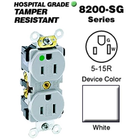 Leviton 8200-SGW Duplex Receptacle Tamper-Resistant Hospital Grade 5-15R 15A 125V - White