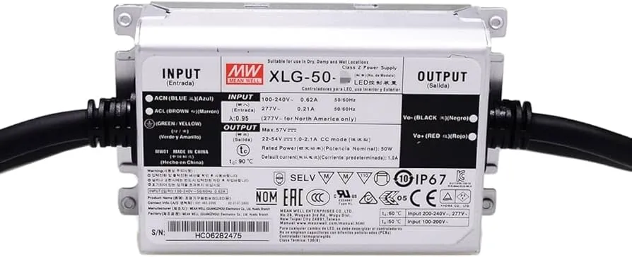 Mean Well XLG-50-A Power Supply, AC-DC, LED, Constant Power, 50W, 22-54V, 1A, 90-305V In, IP67