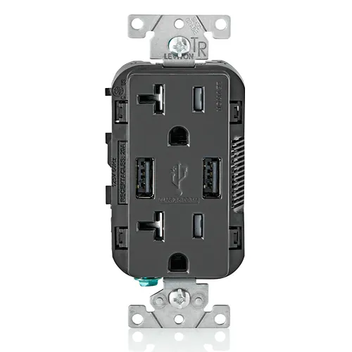 Leviton T5832-E 3.6A USB Type-A/Type-A Wall Outlet Charger with 20A Tamper-Resistant Receptacles