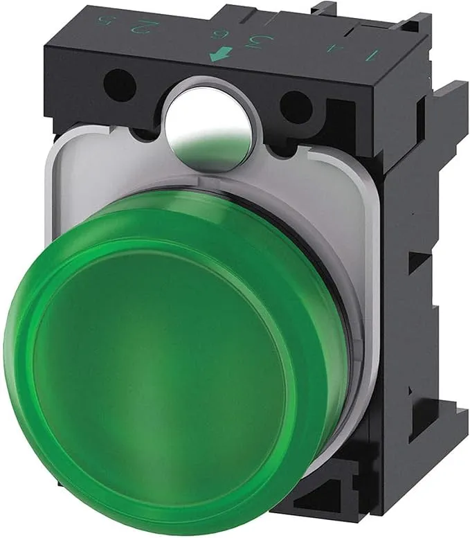 Indicator lights, 22 mm, round, metal, shiny, green, lens, smooth, with holder, LED module with integrated LED 24 V AC/DC, screw terminal