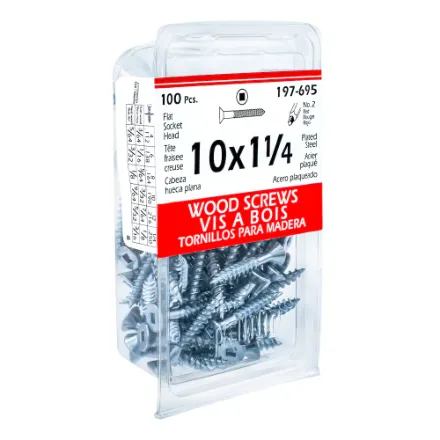 #10 x 1-1/4-in Flat Head Square Drive Steel Wood Screws, Zinc-Plated, 100pcs
