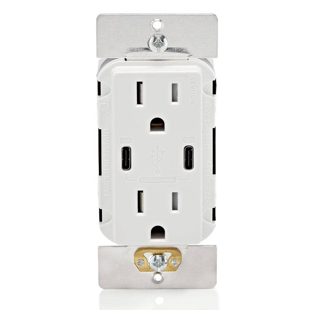Leviton T5636-W USB Wall Outlet High Power Dual Type-C/C Power Delivery 60W (6A) Charger with 15A Tamper-Resistant Outlet, White T5636-W