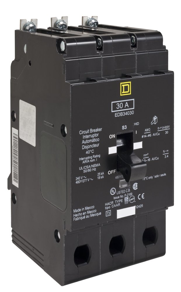 Square D EDB36030 Miniature Circuit Breaker, E FRAME Series, 30A, 3 Pole, 600V AC, 25kA at 120V AC