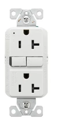 Eaton slim AFCI receptacle, tamper resistant, #14 - 10 AWG, 20 A, residential, commercial, flush, 125 V, AFCI, back and side wire, white, brass, polycarbonate, 5-20R, two-pole, three-wire, grounding