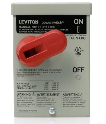 Leviton N3303-DS Grounded Manual AC Motor Starter Switch, 600 VAC, 30 A, 20 hp Power Rating, TPST Contact