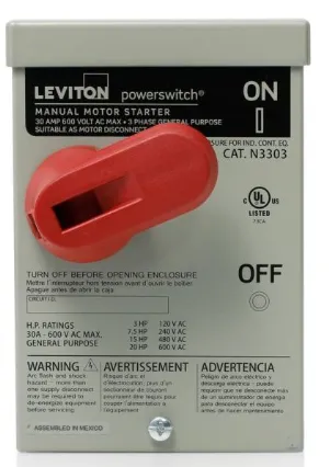 [N3603] Leviton N3603 Non-Grounding AC Manual Motor Starting Switch, 600 VAC, 60 A, 30 hp Power Rating