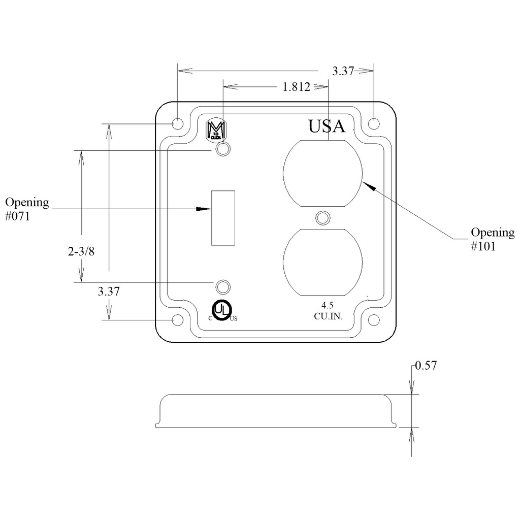 4" Square Cover, 1/2" Raised, Toggle/Duplex