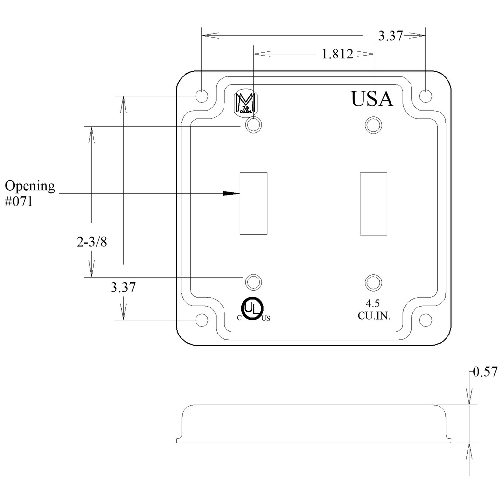 4" Square Cover, 1/2" Raised, 2 Toggle