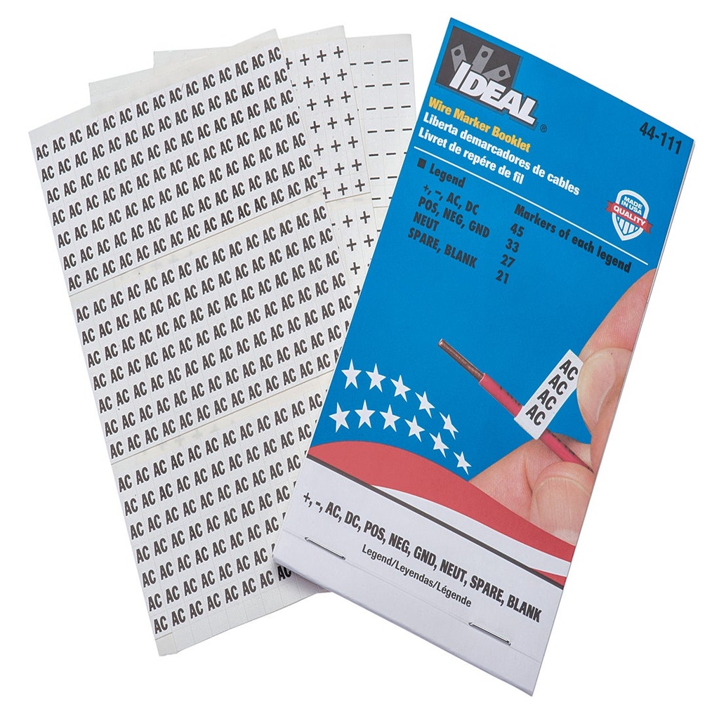 [44-111] Wire Marker Booklet, Assorted "+,–,AC,DC,POS,NEG,GND,NEUT,SPARE,BLANK"