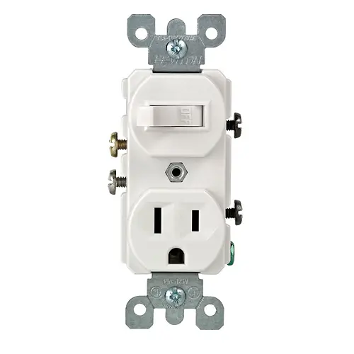 [5225-W] Leviton 15 Amp, 120 Volt, Duplex Style Single-Pole / 5-15R AC Combination Switch, Commercial Grade, Grounding, Side Wired, White