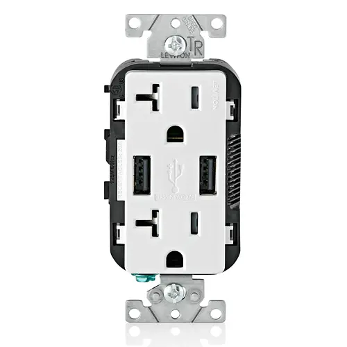 [T5832-W] Leviton 3.6A USB Type-A/Type-A Wall Outlet Charger with 20A Tamper-Resistant Receptacles